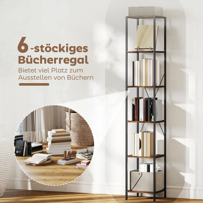 HOMCOM Set van 2 6-niveaus-boekenkasten, stalen frame, voor woonkamer, kantoor, slaapkamer, Rustiek-Bruin