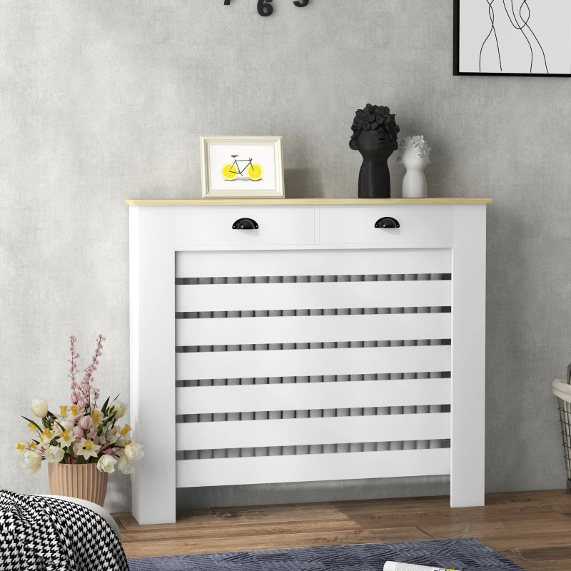 HOMCOM Capac pentru radiator mască radiator grilaj cu lamele orizontale cu 2 sertare din lemn 111l x 19P x 95,5H cm alb