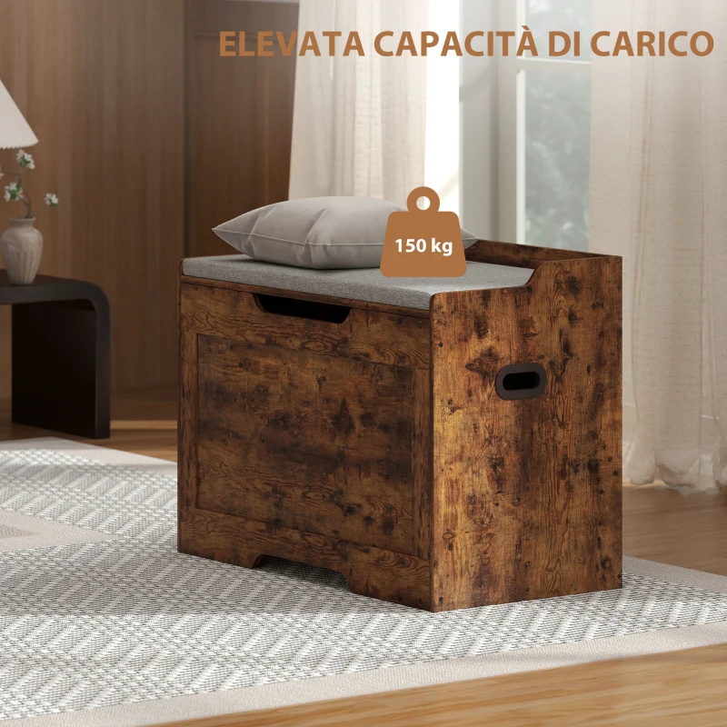 HOMCOM Panca Contenitore da 103L Multifunzione color Legno con Cuscino in Tessuto Grigio, 75x40x56 cm
