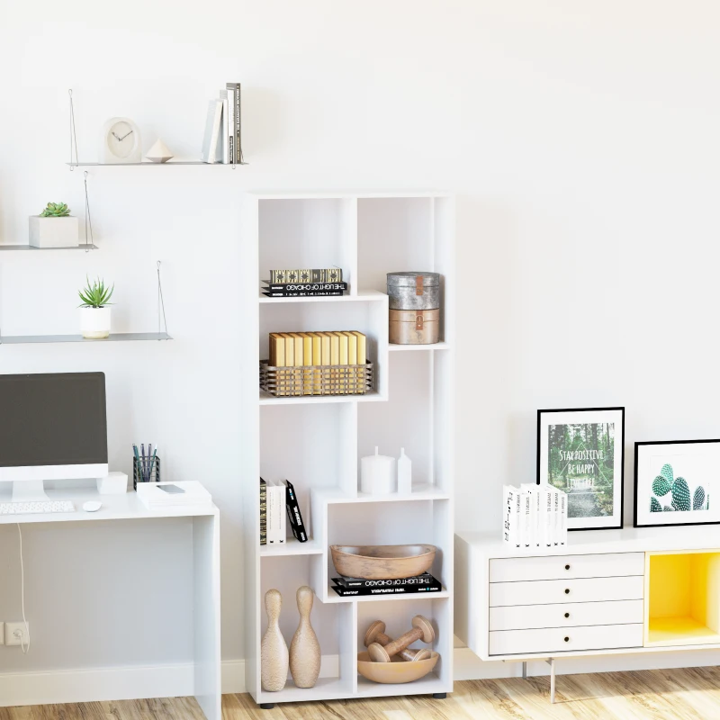 HOMCOM 8-Tier Freestanding Bookcase w/ Melamine Surface Anti-Tipping Foot Pads Home Display Storage Grid Stand Bedroom Living Room Furniture Modern Style - White