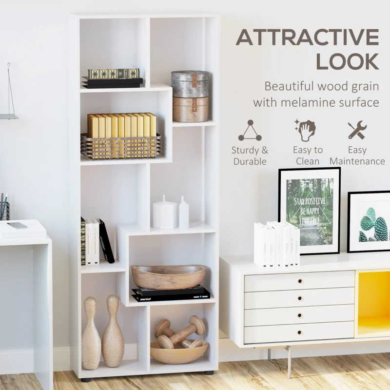 HOMCOM 8-Tier Freestanding Bookcase w/ Melamine Surface Anti-Tipping Foot Pads Home Display Storage Grid Stand Bedroom Living Room Furniture Modern Style - White