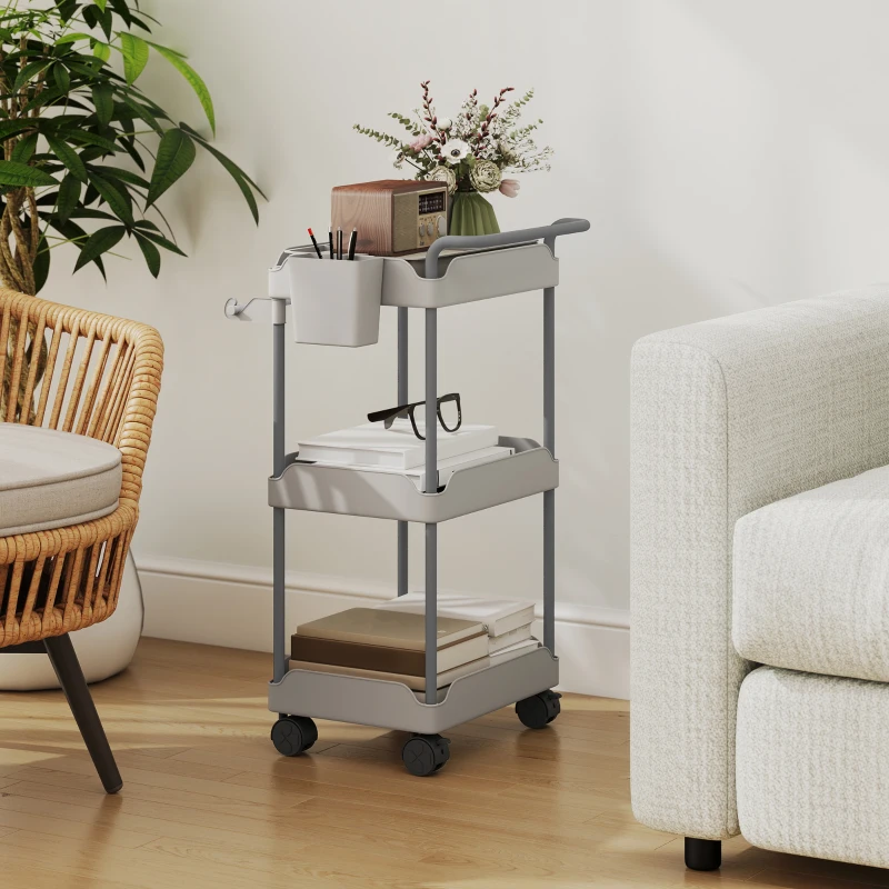 HOMCOM Chariot auxiliaire à roulettes 3 niveaux Chariot de cuisine avec paniers amovibles et support pour serviettes Gris
