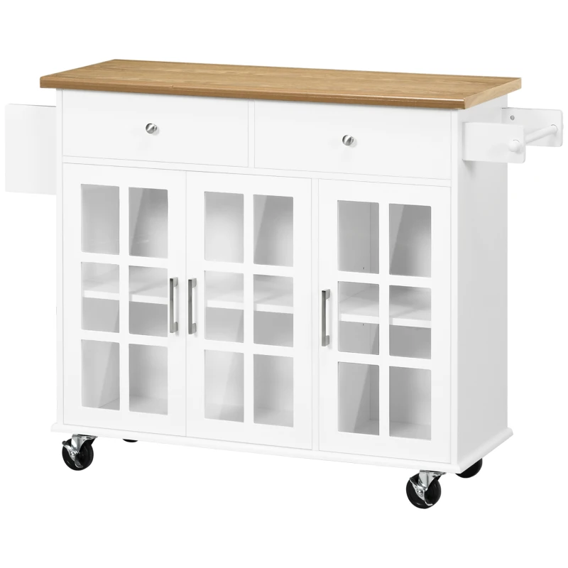 HOMCOM Cărucior de bucătărie cu roți Insulă de bucătărie cu 2 sertare 3 uși din sticlă securizată suport prosop 124,5x39,5x90 cm Alb