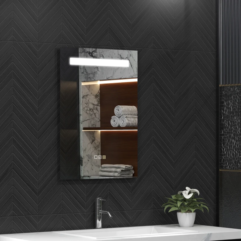 HOMCOM Oglindă de baie cu lumină LED 70x50 cm cu 3 culori de lumină, funcție anti-aburire, funcție memorie, IP44