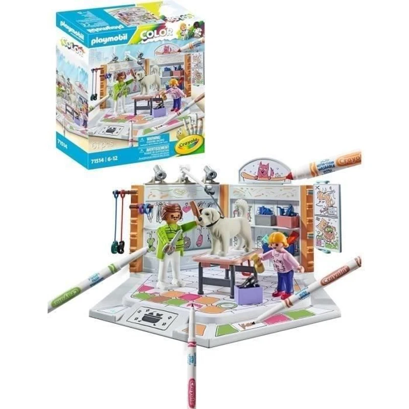 PLAYMOBIL Color 71514 Salon de toilettage, Crayons Crayola pour dessiner sur les personnages, 61 pieces, Des 5 ans