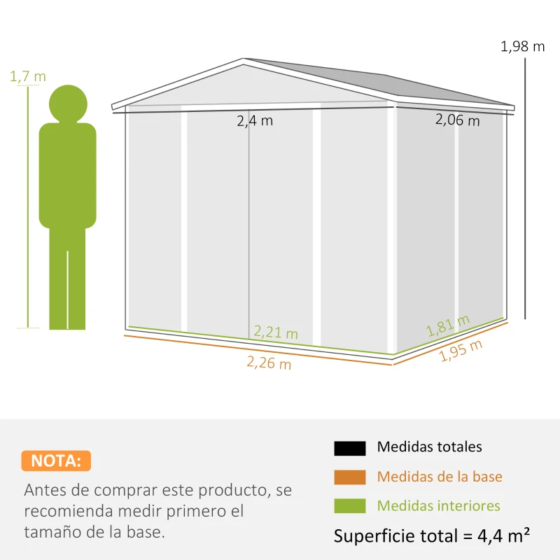 Outsunny Cobertizo de Jardín Exterior 4,4 m² 240x206x198 cm con Base Puerta Corredera y Cerradura 4 Ventanas para Patio Gris