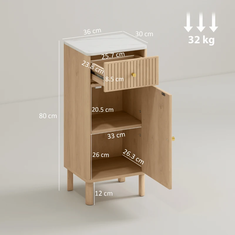 HOMCOM Mobilier de baie, corp de depozitare cu blat cu efect marmură și ușă canelată, sertar 36 x 30 x 80 cm, stejar