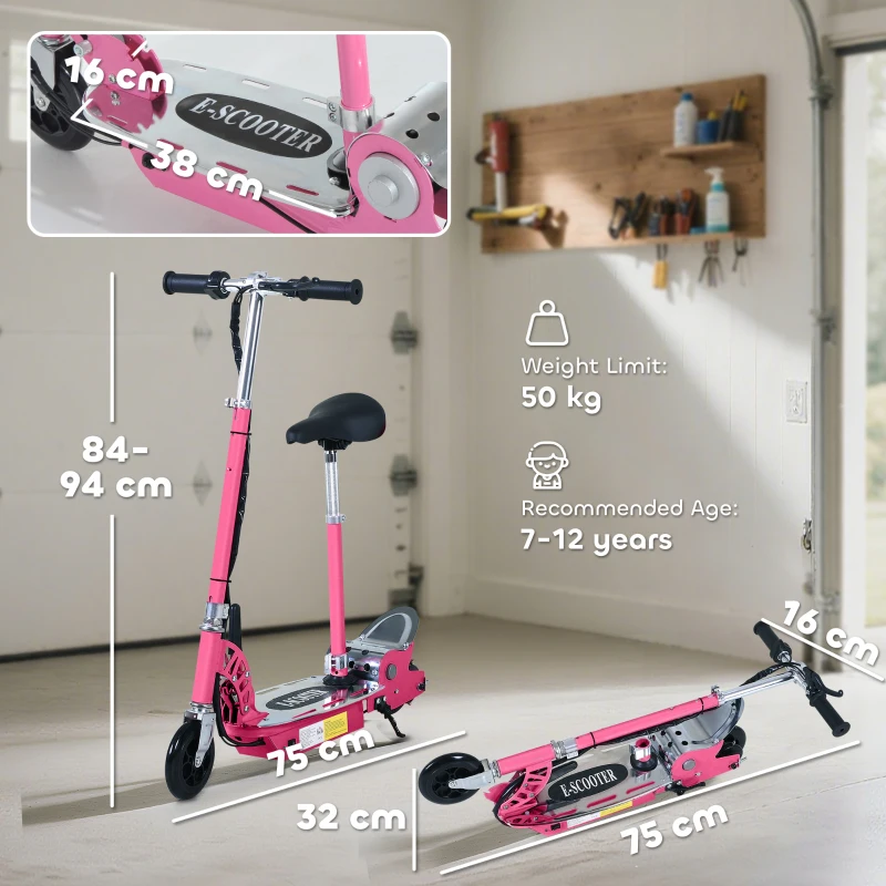 HOMCOM Foldable Powered Scooter with Adjustable Seat, Brake, Pink