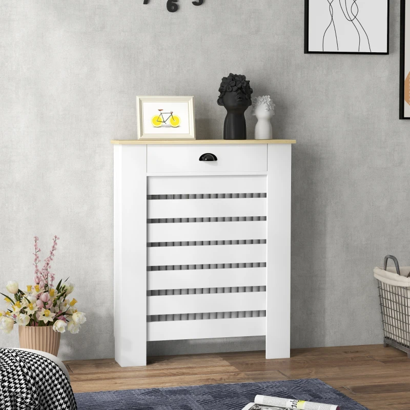 HOMCOM Couvercle de radiateur cache radiateur grille à lattes horizontales avec 2 tiroirs en bois 78l x 19P x 95,5H cm blanc