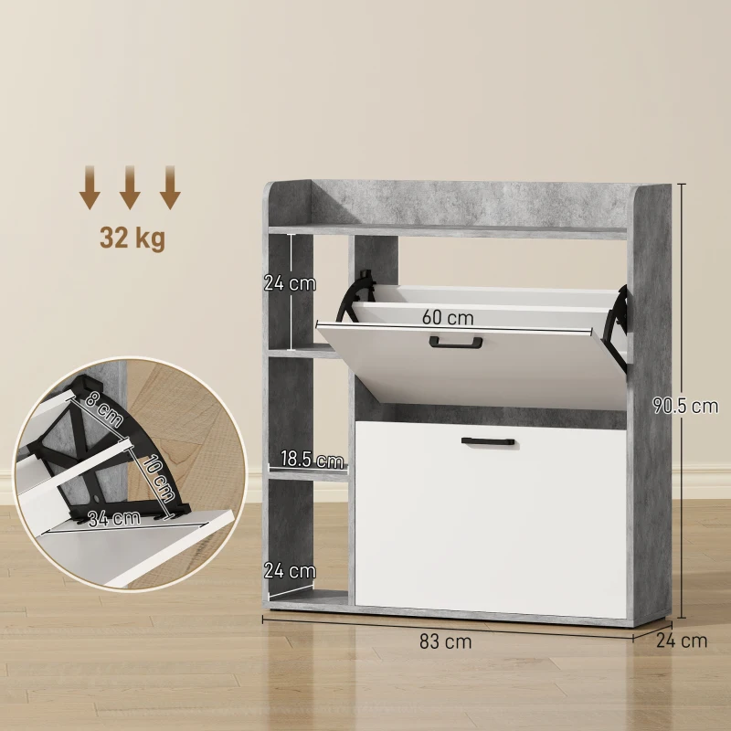 HOMCOM Scarpiera Slim con 2 Cassetti Ribaltabili e 3 Vani Aperti, Capacità 15 Scarpe, 83x24x90.5 cm, Grigio