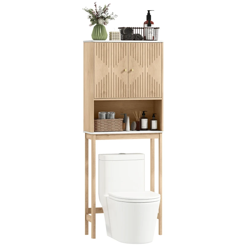 HOMCOM Dulap pentru WC deasupra toaletei, corp depozitare WC cu dulap cu uși duble și rafturi  66 x 25 x 168 cm, stejar