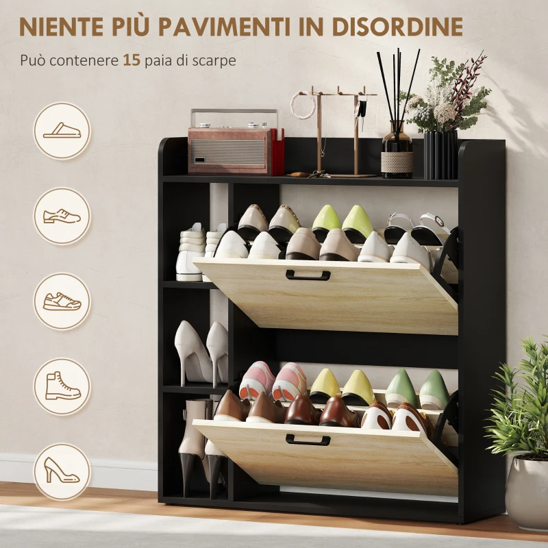 HOMCOM Scarpiera Slim con 2 Cassetti Ribaltabili e 3 Vani Aperti, Capacità 15 Scarpe, 83x24x90.5 cm, Nero
