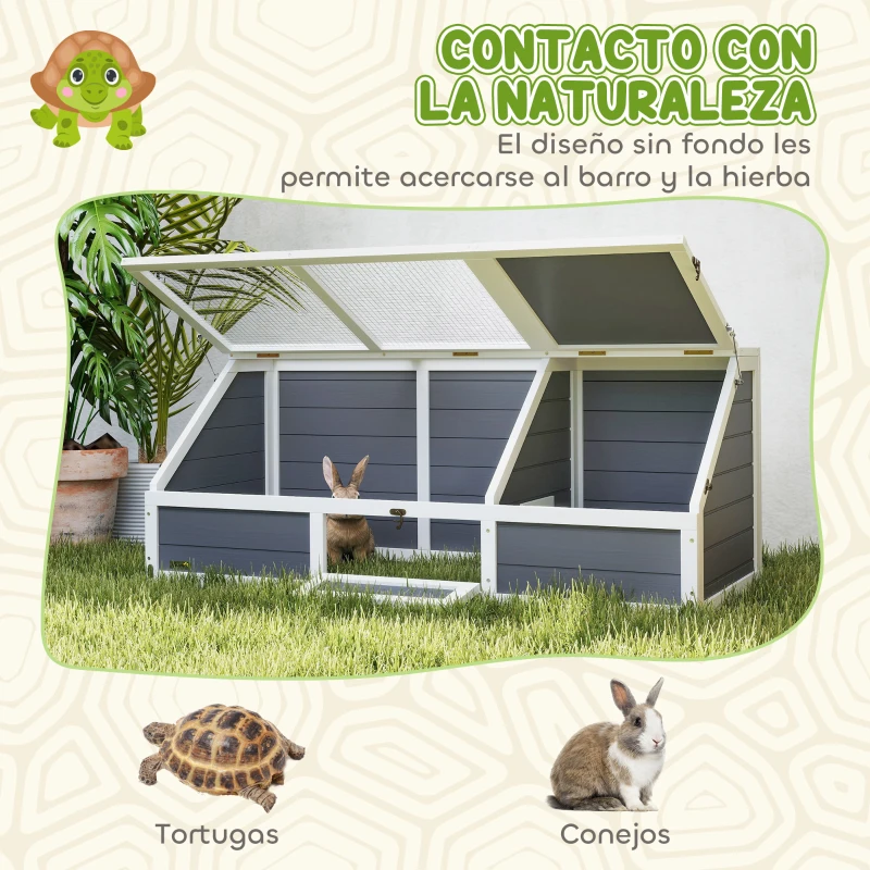 PawHut Casa para Tortugas de Madera sin Base con Tapas Abatible Puerta Frontal Abrible y Pestillos 120x55x50 cm Gris Claro