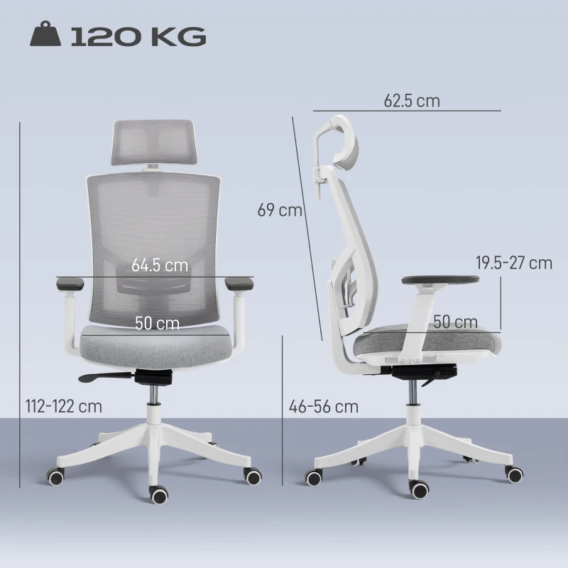 HOMCOM Sedia da Ufficio Ergonomica e Traspirante con Supporto Lombare Dinamico 4D, 64.5x62.5x112-122 cm, Multicolore