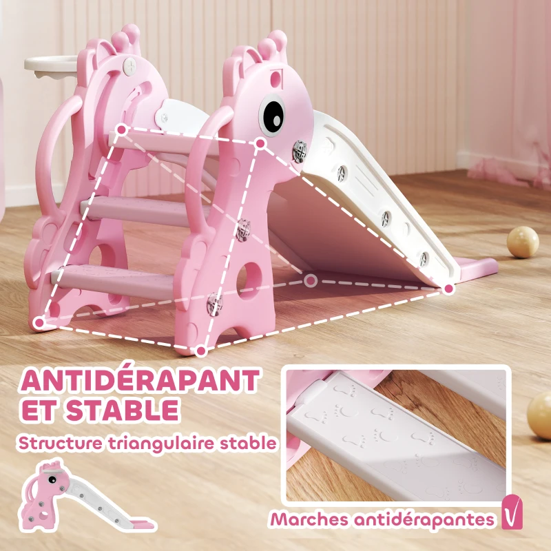 AIYAPLAY Toboggan pour enfants 3 en 1 en forme de girafe avec panier de basket, escalade et ballon, 106 x 51,5 x 52 cm, rose