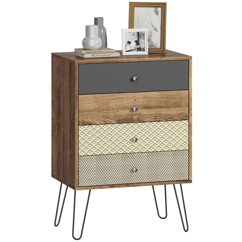 HOMCOM Comodă cu 4 sertare Picioare tip furcă din oțel Stil boem 60x39x86 cm Multicolor