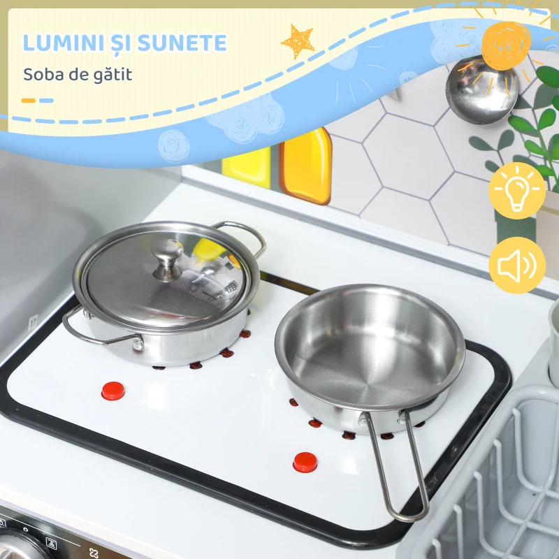 AIYAPLAY Set de Bucătărie de Jucărie din Lemn cu Aragaz cu Lumini și Sunete, Chiuvetă cu Circulație a Apei și Accesorii, Alb