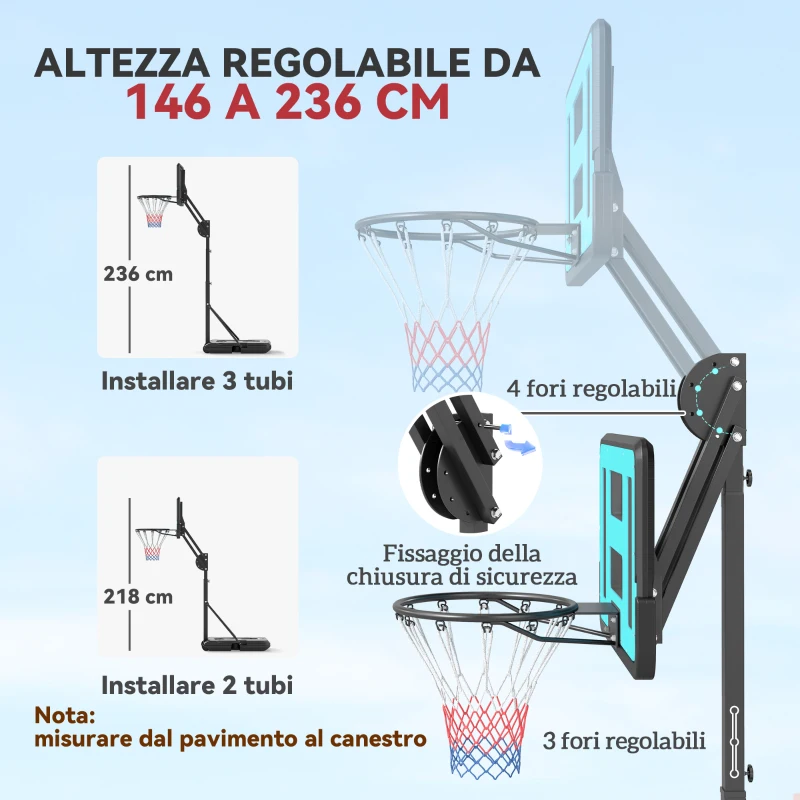 SPORTNOW Canestro Basket da Esterno Regolabile da 146-236 cm con Ruote e Base Riempibile, Nero