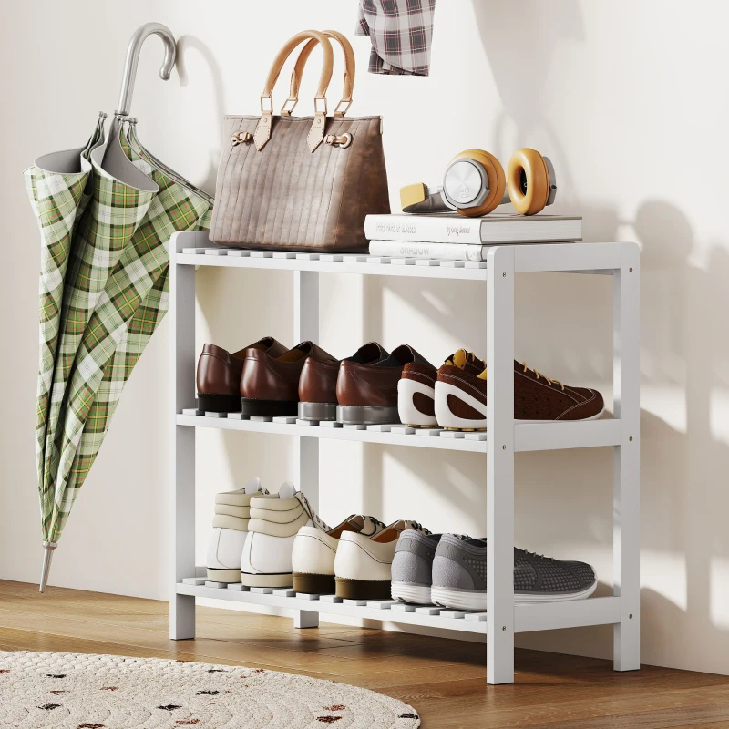 HOMCOM Etajeră pentru încălțăminte, suport pentru pantofi 3 niveluri, rafturi cu lamele, din lemn de pin， 70 x 26 x 57,5 cm, alb