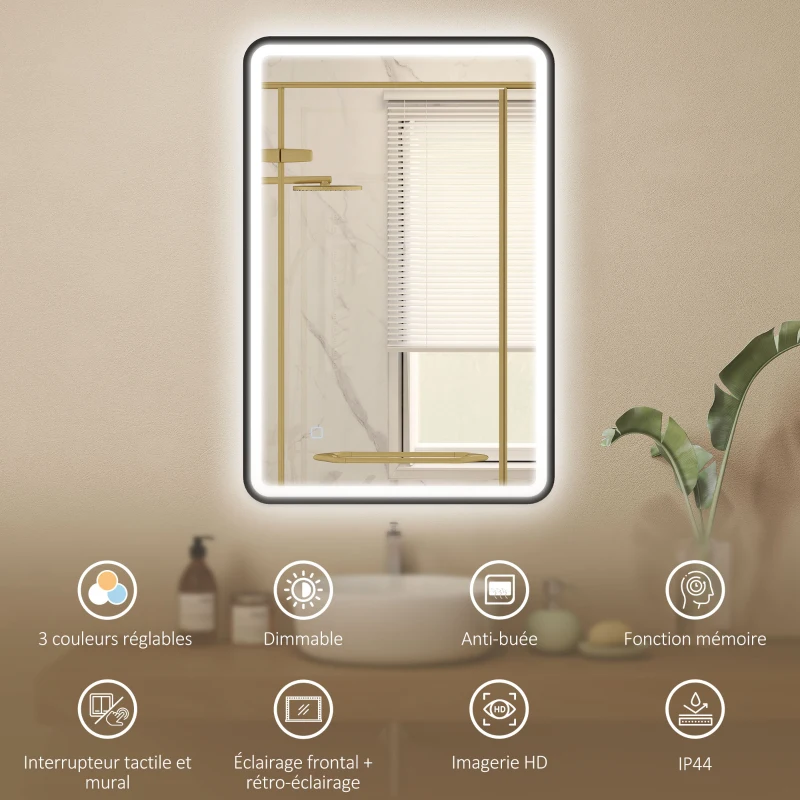 HOMCOM Miroir salle de bain avec éclairage 90 x 60 cm, miroir LED mural, anti-buée, 3 couleurs lumière, dimmable, noir