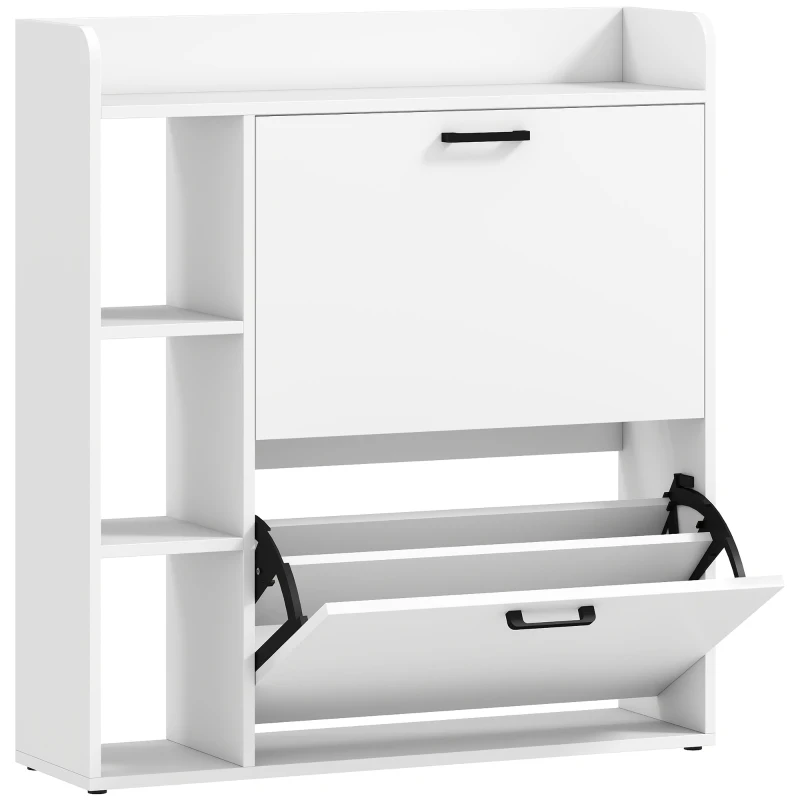 HOMCOM Scarpiera Slim con 2 Cassetti Ribaltabili e 3 Vani Aperti, Capacità 15 Scarpe, 83x24x90.5 cm, Bianco