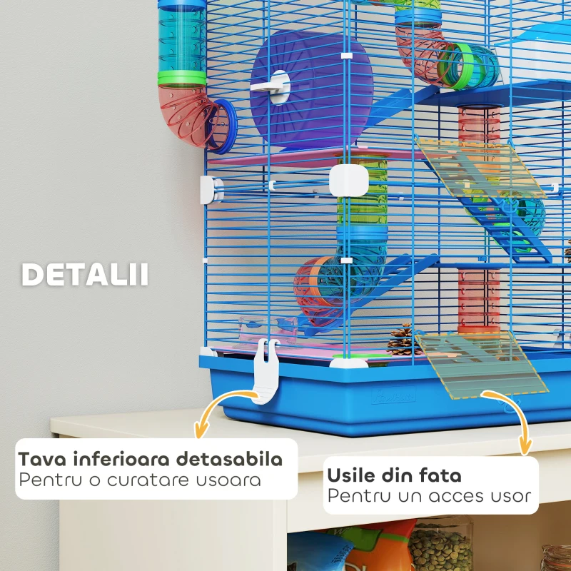 PawHut Cușcă pentru Hamsteri pe 5 Nivele cu Tuburi și Roată din Metal și Plastic Albastru