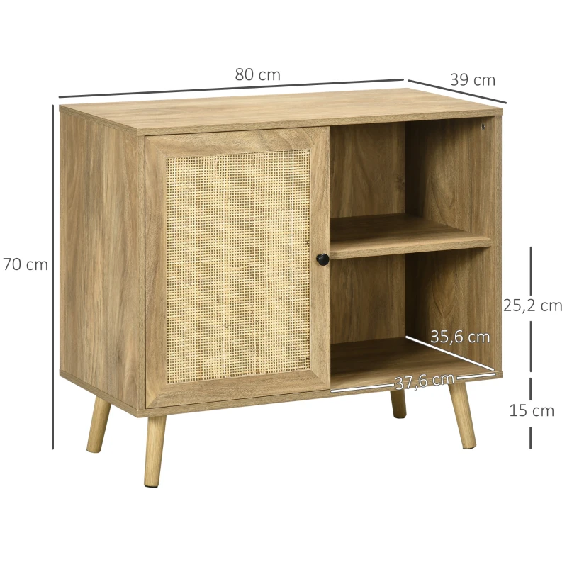 HOMCOM Bufet Mobilier Auxiliar de Bucătărie cu Ușă din Ratan și 2 Rafturi de Depozitare pentru Living 80x39x70 cm Natural