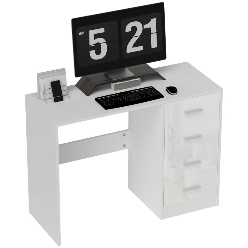 HOMCOM Computer Desk with Drawers, Dressing Table, High Gloss Home Office Writing Workstation, White