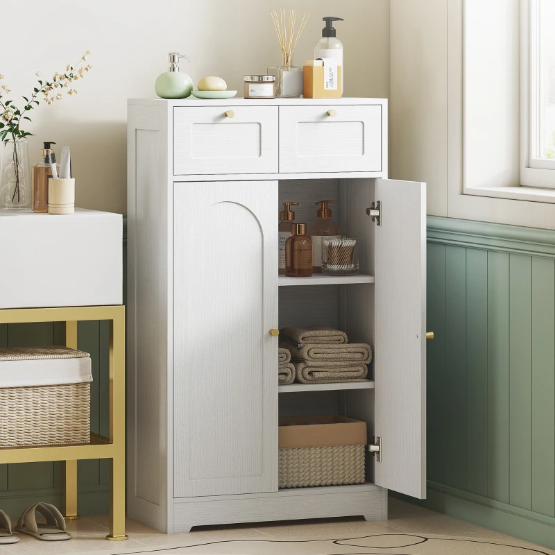 HOMCOM Mobilier de baie mobilier de depozitare cu 2 sertare uși duble arcuite etajere reglabile 60x30x108cm alb