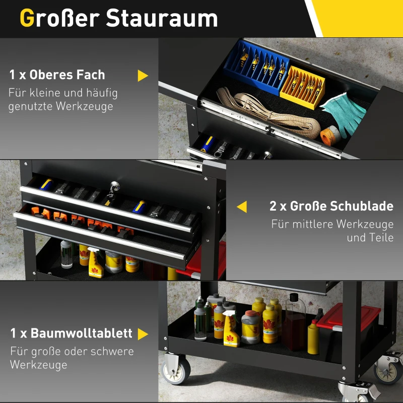 HOMCOM Rollender Werkzeugschrank, Werkzeugkasten mit Schubladen, Arbeitsfläche, verschließbar, mit Griff, Stahl, Schwarz