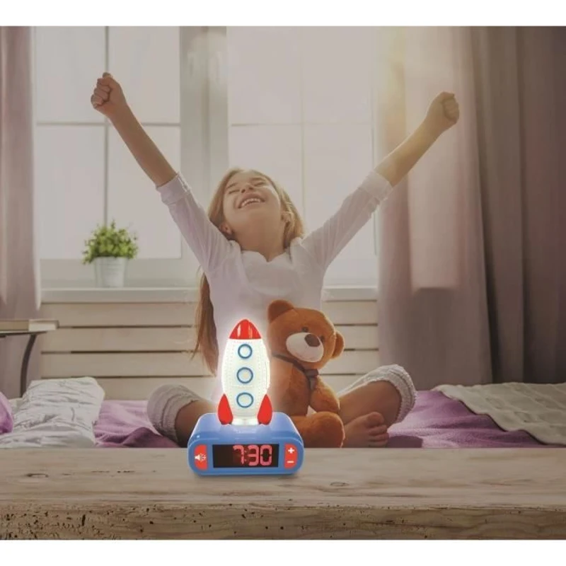 Réveil veilleuse digital LEXIBOOK - Fusée - 3D lumineux et sonore - Bleu, blanc et rouge - Enfant