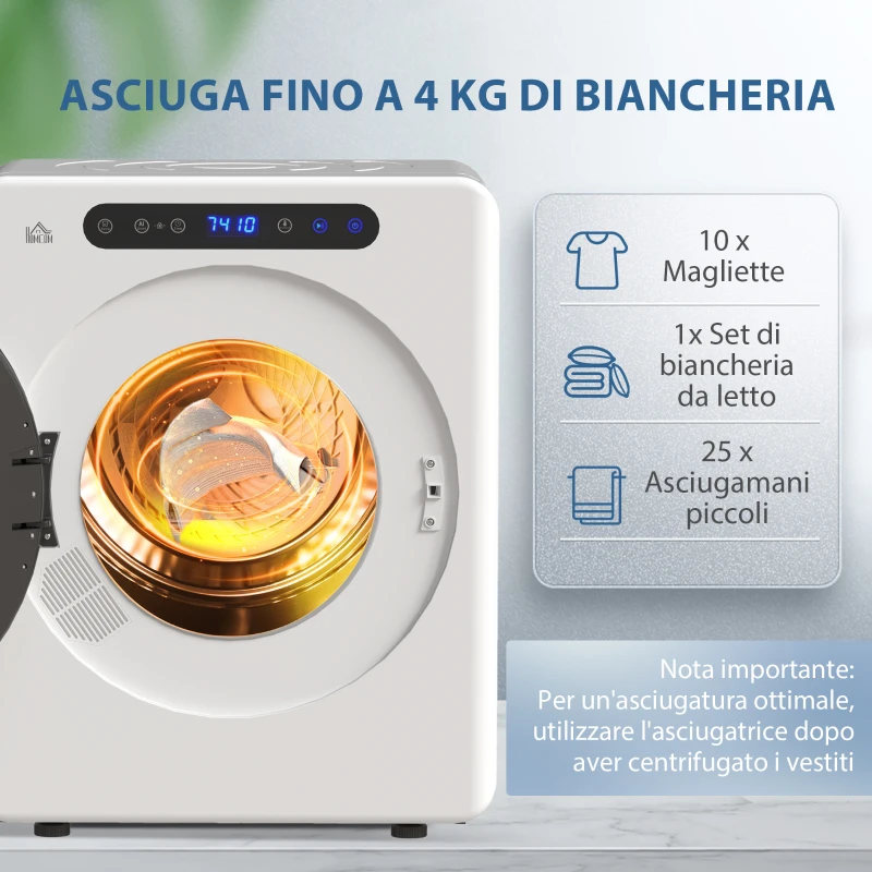 HOMCOM Asciugatrice a Scarico 4 KG 1000W Funzione Antirughe Funzione Sterilizzare Timer Display LED Touch Bianco