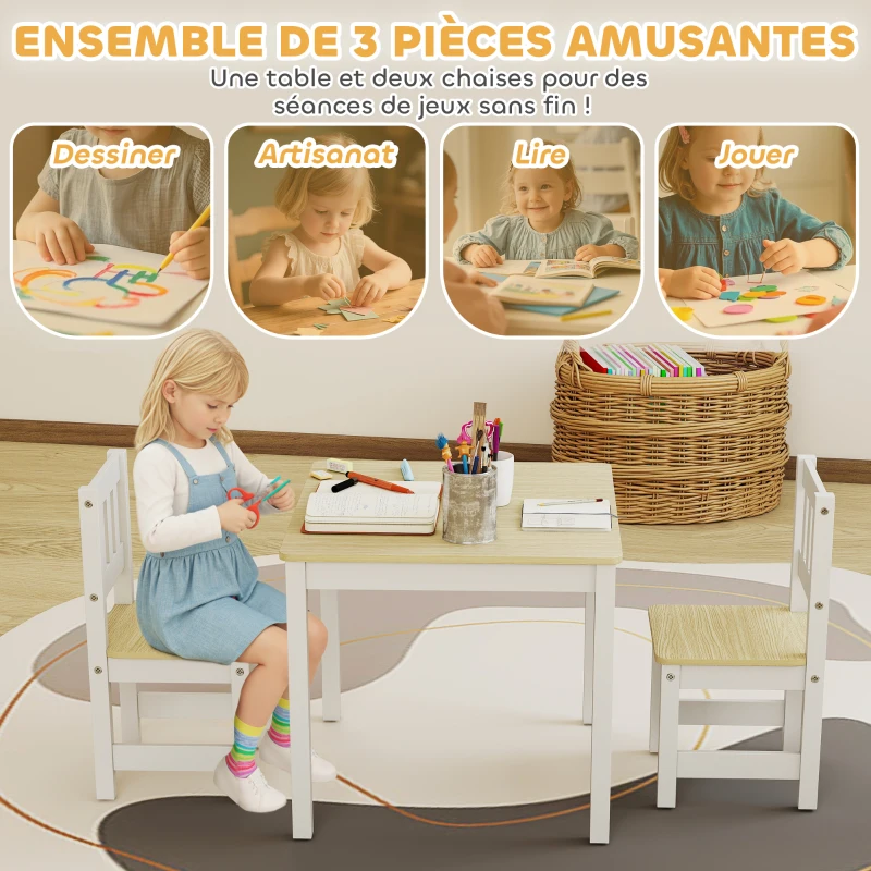 AIYAPLAY Table enfant avec chaise, lot table et 2 chaises enfant en bois pour dessiner, jouer, étudier, 56x52x48cm, bois naturel