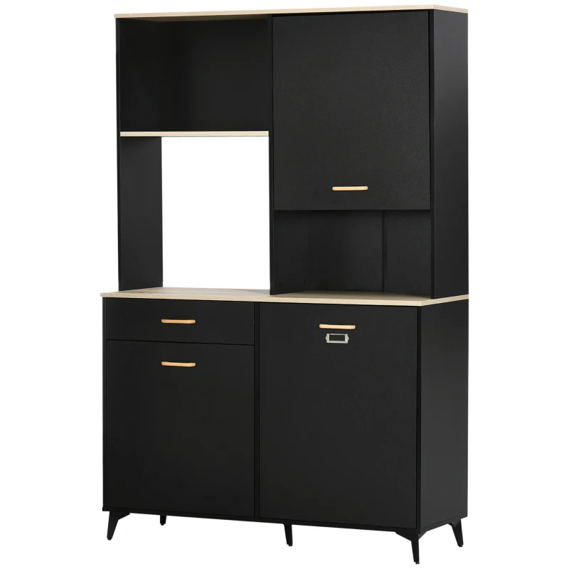 HOMCOM Cămară de Bucătărie cu Sertar Dulapuri și Rafturi Mobilier Auxiliar pentru Cuptor cu Microunde Stil Modern 119x41x180cm Negru