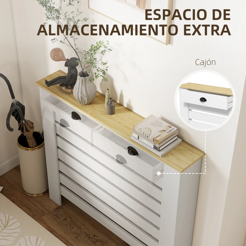 HOMCOM Cubre Radiadores de MDF con 2 Cajones Cubierta para Radiador para Salón Dormitorio Pasillo 111x19x95,5 cm Blanco