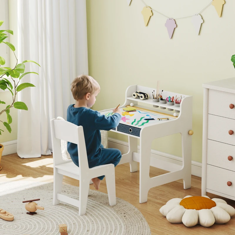 AIYAPLAY Birou pentru copii cu scaun, masă pentru copii și scaun cu 2 sertare din material textil și suport pentru pahare, 62,8x55,6x73,8cm, alb