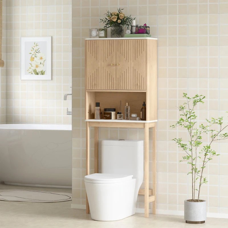 HOMCOM Dulap pentru WC deasupra toaletei, corp depozitare WC cu dulap cu uși duble și rafturi  66 x 25 x 168 cm, stejar