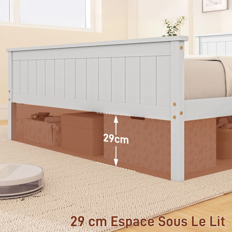 HOMCOM Cadre de lit 140 x 200 cm, lit simple en bois massif avec sommier à lattes tête et pied inclus, assemblage facile, blanc