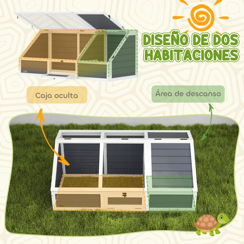 PawHut Casa para Tortugas de Madera sin Base con Tapas Abatible Puerta Frontal Abrible y Pestillos 120x55x50 cm Gris Claro