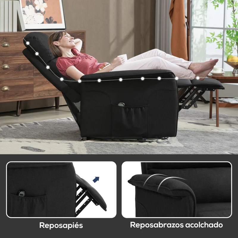 HOMCOM Sillón Relax Reclinable Eléctrico Levanta Personas con Mando a Distancia y Bolsillo Lateral Tapizado en Lino Negro