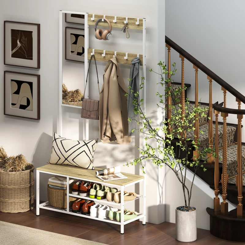 HOMCOM Appendiabiti con scarpiera e specchio, 3 ripiani panca, 10 ganci regolabili, stile moderno 98x34x186 cm Legno naturale