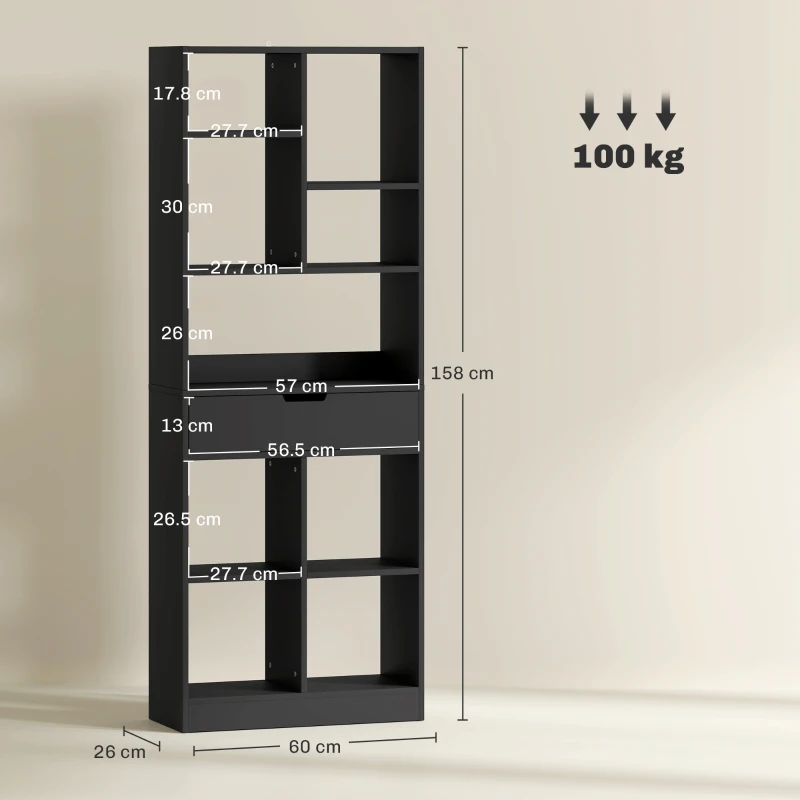 HOMCOM Bibliotecă mobilier de depozitare cu sertar și rafturi deschise, 60 x 26 x 158 cm, negru
