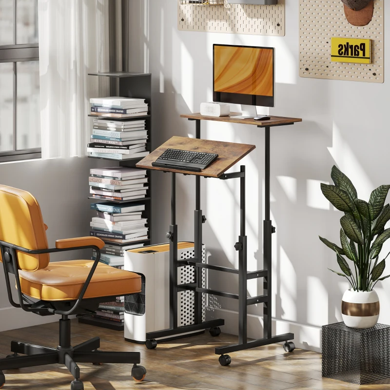 HOMCOM Birou reglabil pe înălțime pentru bucătărie cu raft, roți, birou pentru calculator Maro rustic 60 x 60 x 70,5-120 cm