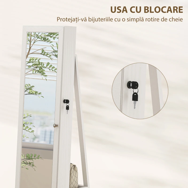 HOMCOM Oglindă Suport pentru Bijuterii, Oglindă de podea Pivotantă Modernă pentru Dormitor, 38x38x160 cm, Alb