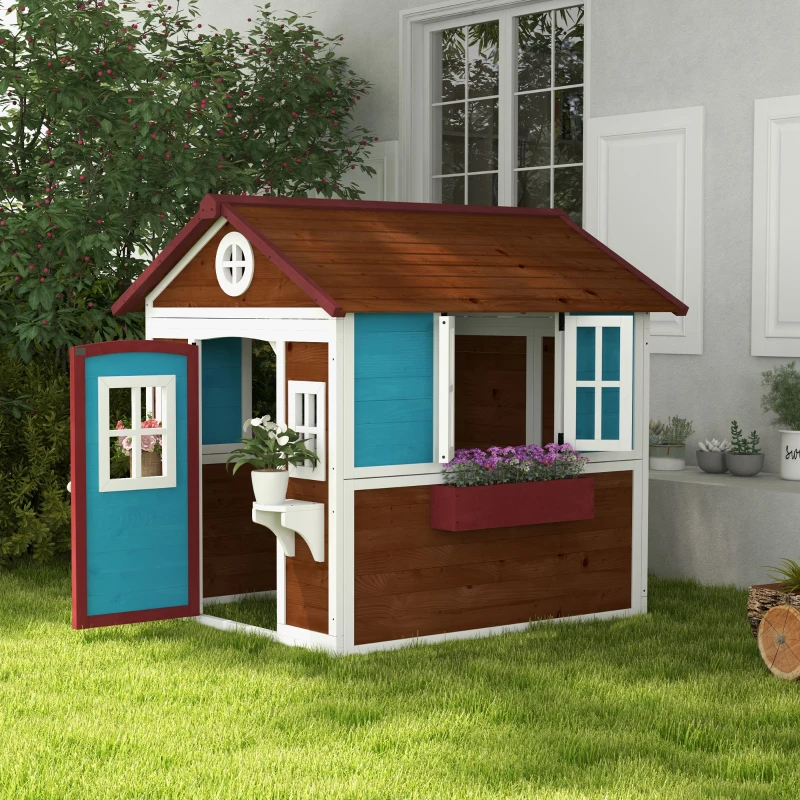 Outsunny Căsuță copii exterior casă de joacă exterioară cu ușă ferestre și jardiniere 114 x 126,4 x 135 cm Maro