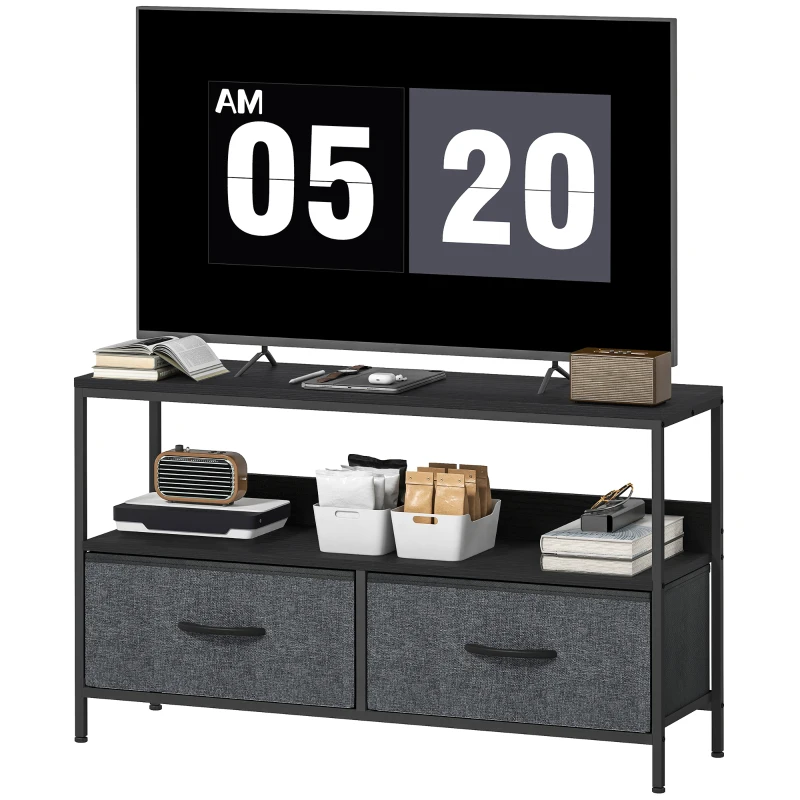 HOMCOM Meuble TV, meuble télé pour téléviseur jusqu'à 47 pouces avec 2 tiroirs et pieds en acier, 98 x 29 x 56 cm, gris foncé