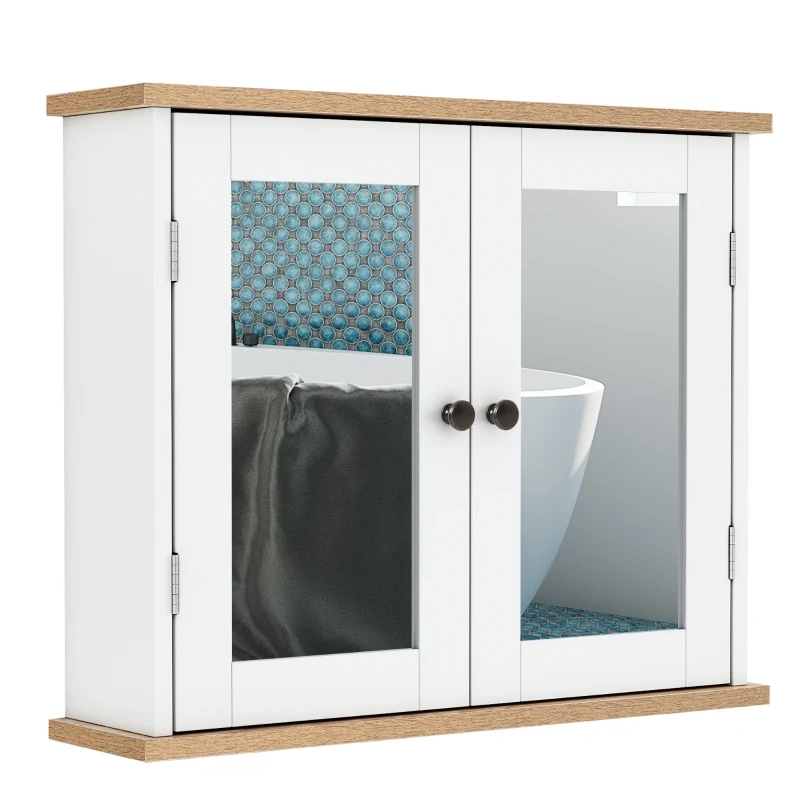 kleankin Dulap Suspendat cu Oglindă pentru Baie 2 Niveluri cu 1 raft reglabil și 2 Uși din lemn- dim. 56I x 14P x 46H cm