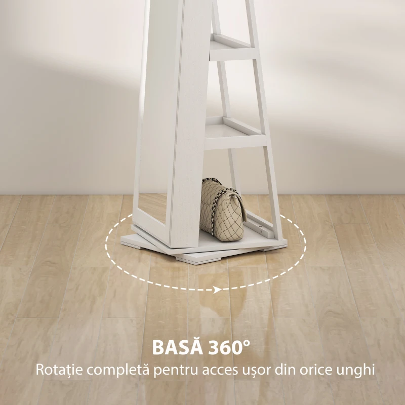 HOMCOM Oglindă Suport pentru Bijuterii, Oglindă de podea Pivotantă Modernă pentru Dormitor, 38x38x160 cm, Alb