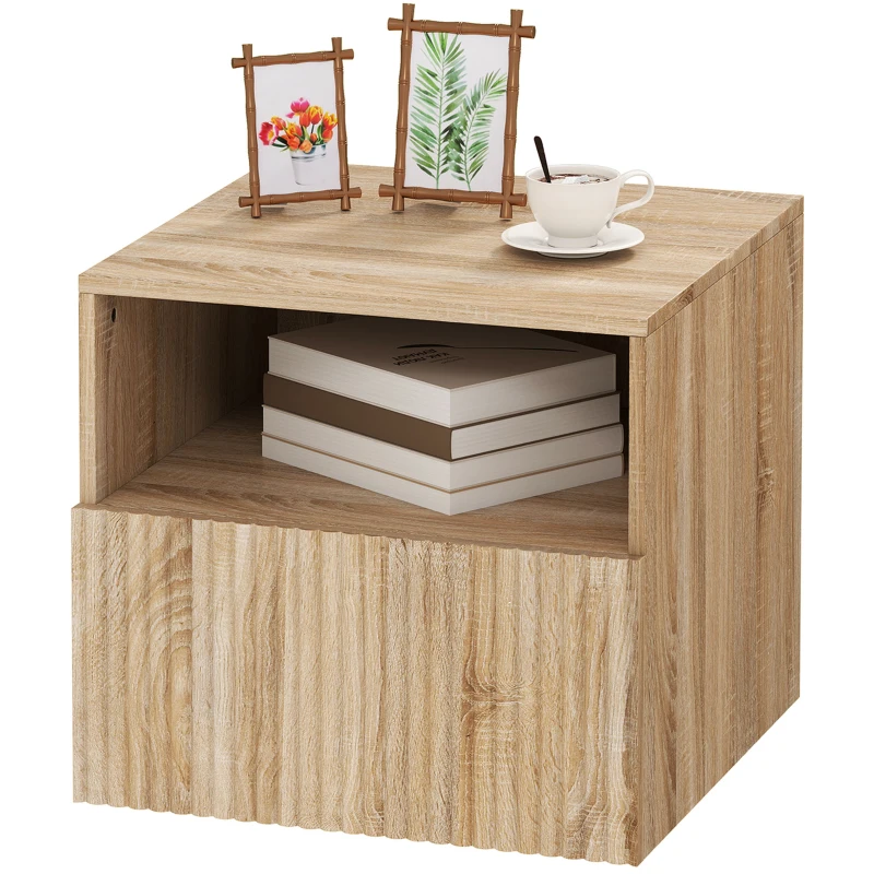 HOMCOM stolik nocny, bezuchwytowy design, otwarta półka, szuflada, montaż ścienny, jasnobrązowy