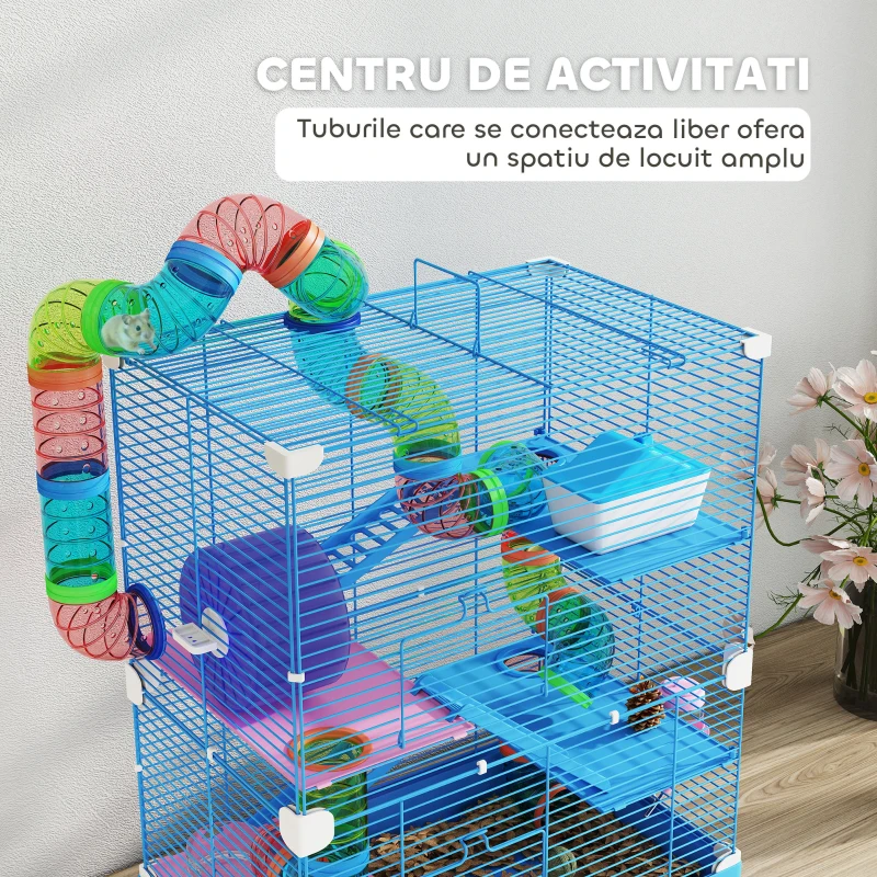 PawHut Cușcă pentru Hamsteri pe 5 Nivele cu Tuburi și Roată din Metal și Plastic Albastru